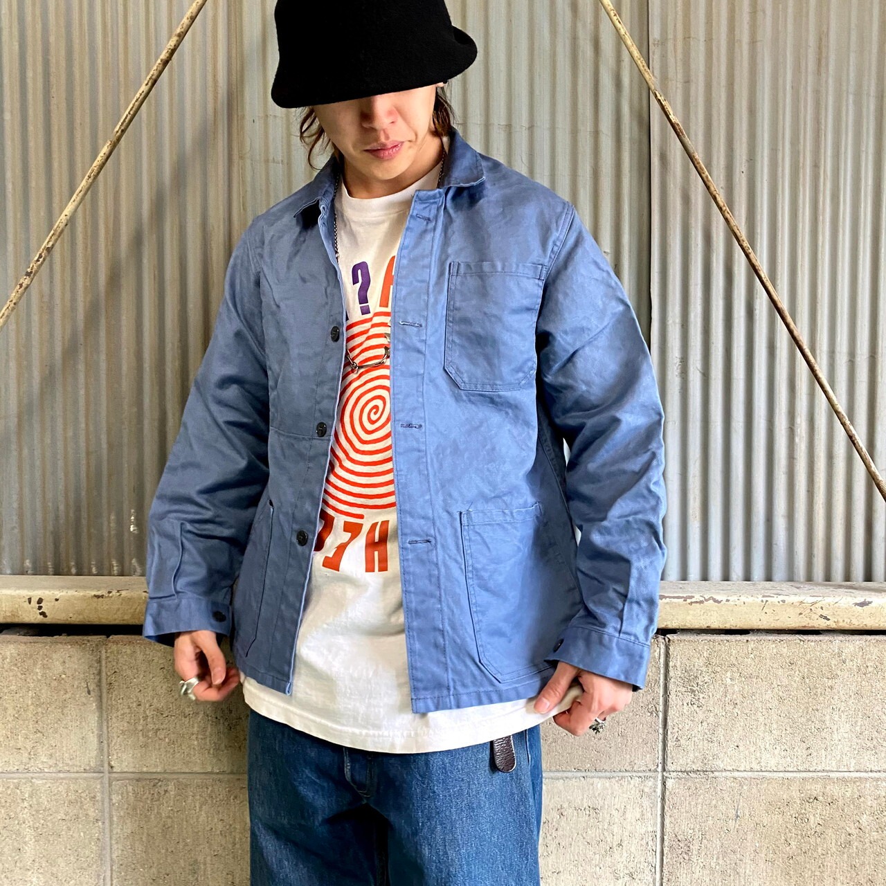 ブルーグレー コットンツイル ユーロワークジャケット メンズM相当 