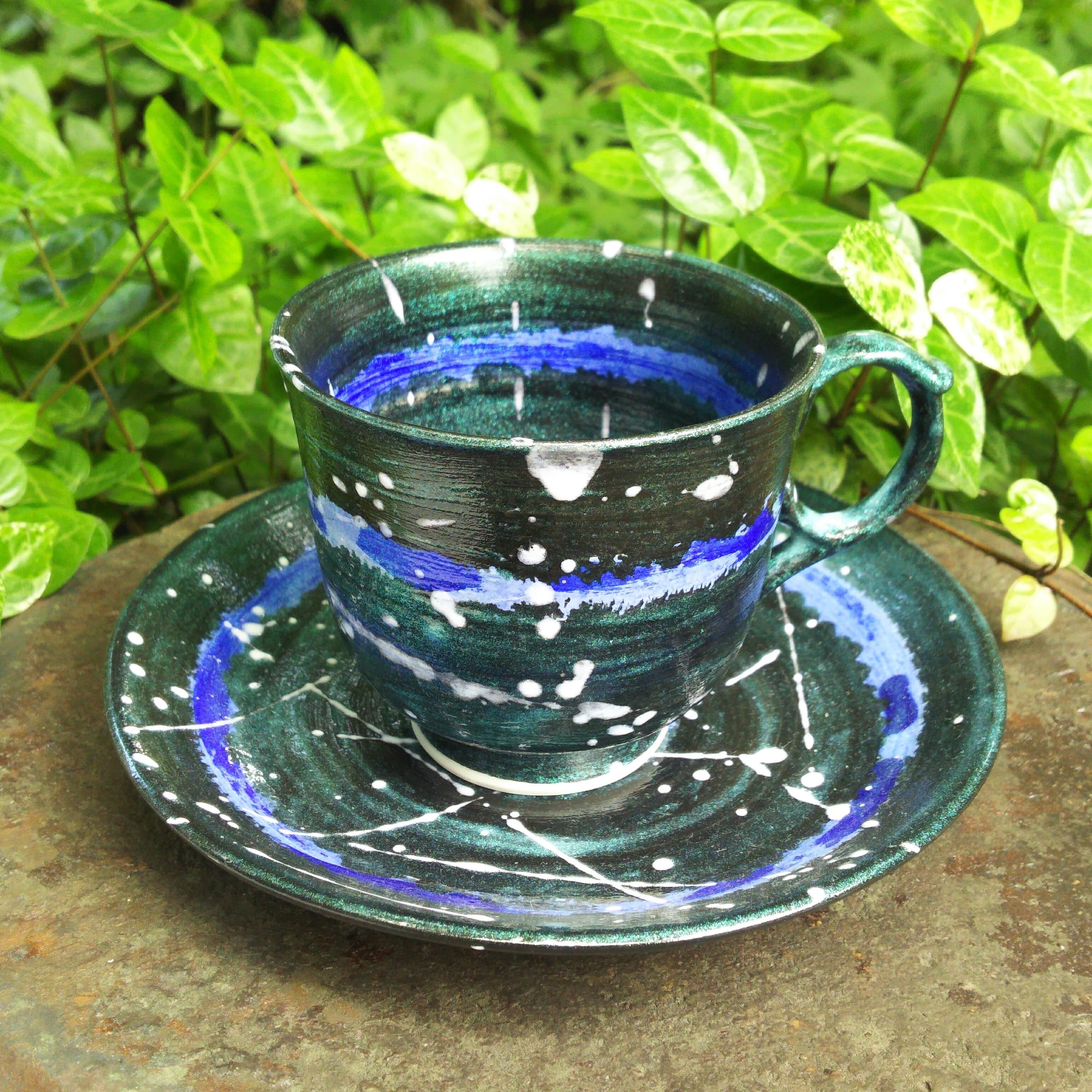 秀島窯作　光彩釉　銀河　コーヒー碗皿　（ブルー）