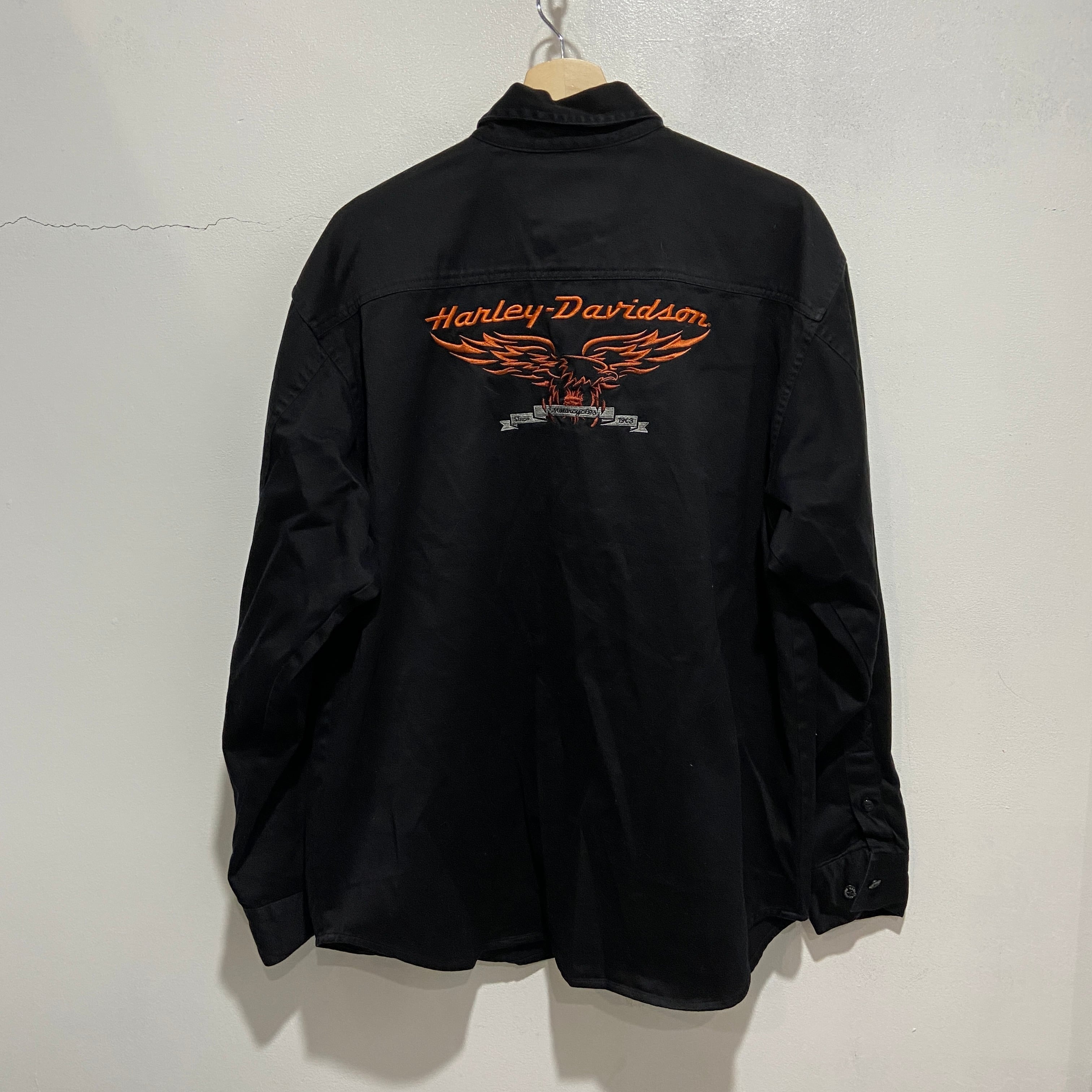 送料無料』Harley-Davidson ハーレー 刺繍ワークシャツ L 黒 バイカー 