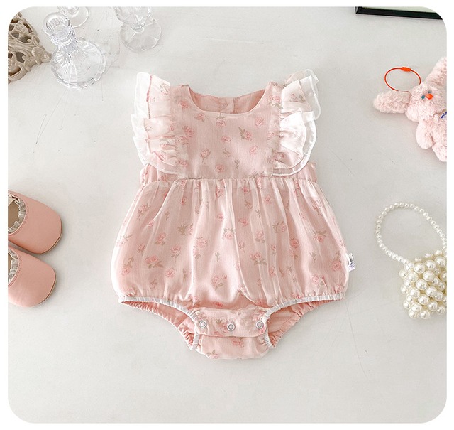 【BABY】ピオニーフラワーフリルノースリーブロンパース - 8