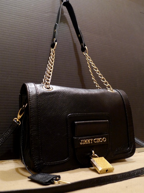 美品22万★JIMMY CHOO ジミーチュウ カデナ チェーンデザイン レザー バッグ黒★