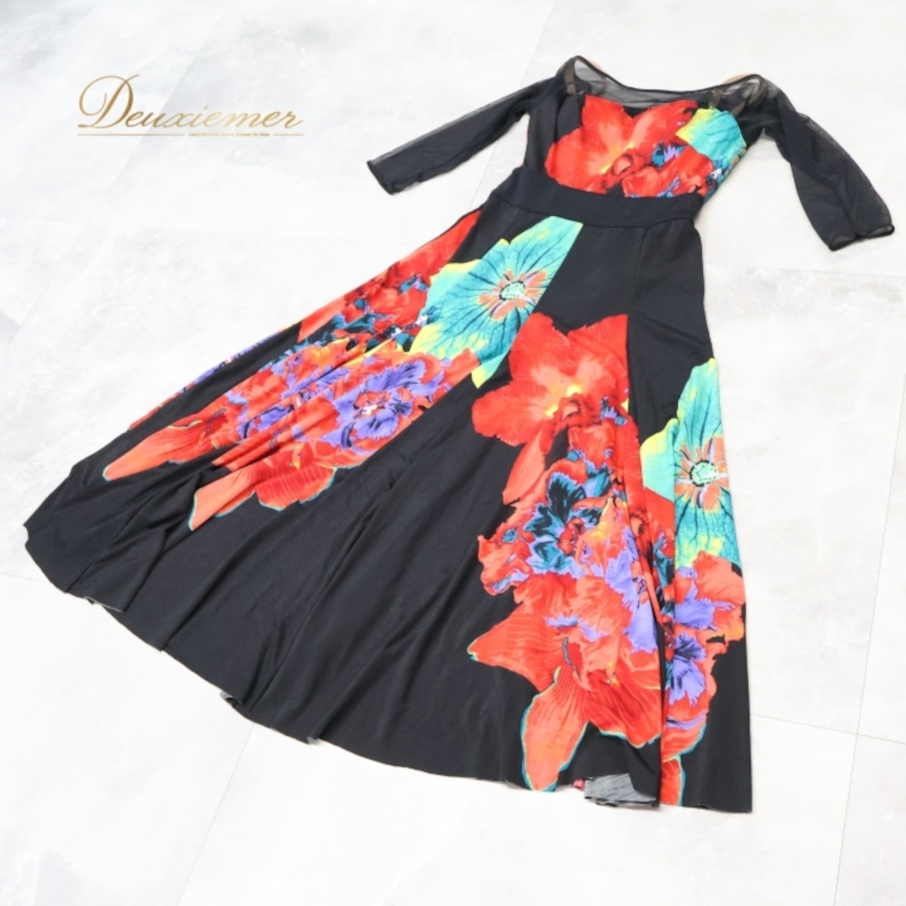 社交ダンス 衣装 ジャンティ gentil ワンピース ドレス ブラック系 レッド系 グリーン系 黒 赤 緑 伸縮 ストレッチ ダンス パーティ 発表会 花柄 おしゃれ 女性用 エレガント フラワープリント 薄手 スタイリッシュ 競技 マルチカラー