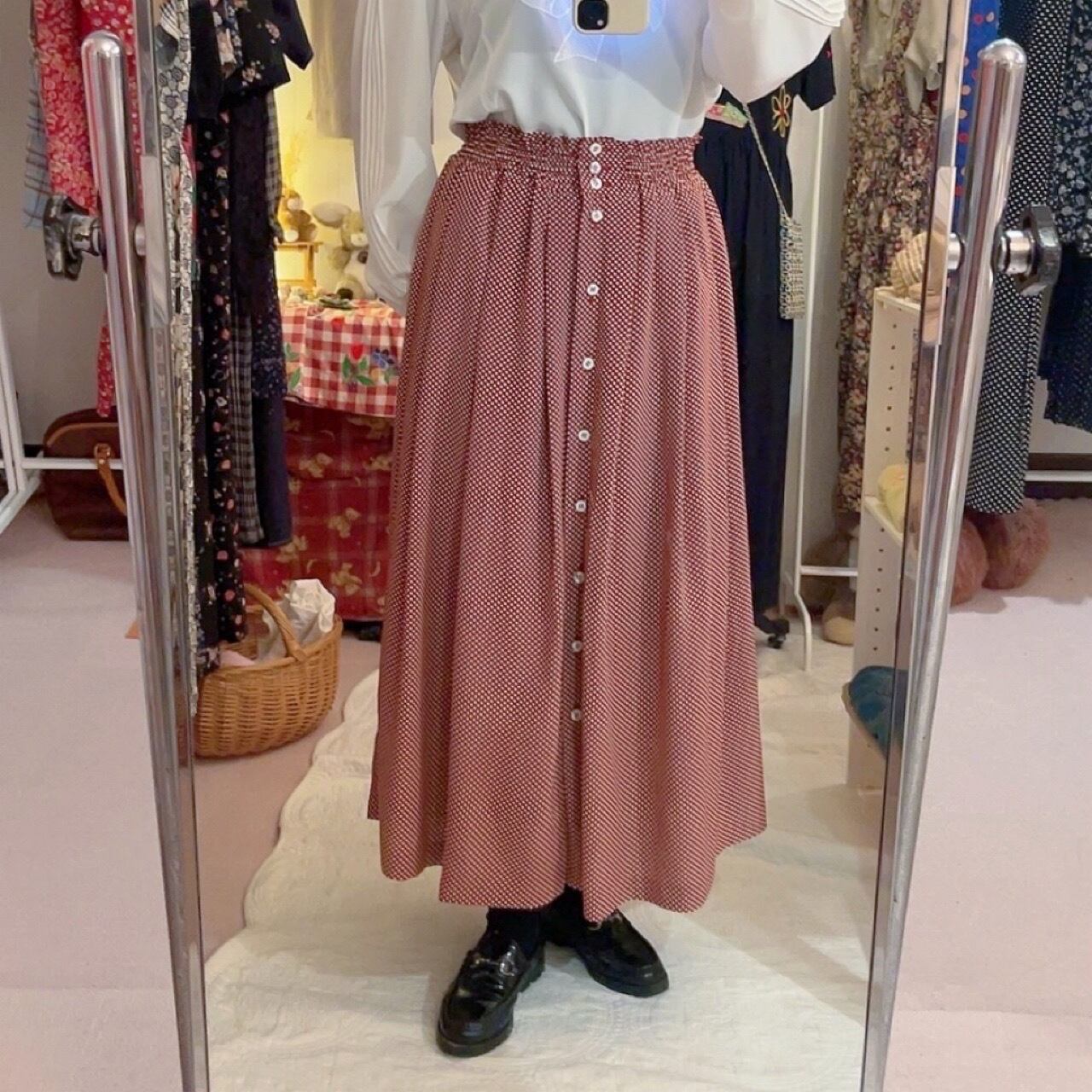 brown red dot gather skirt