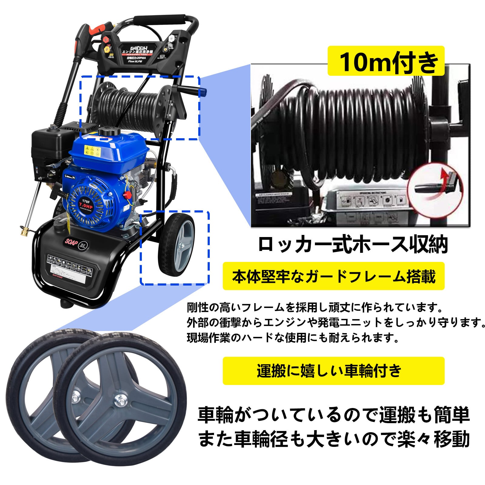 エンジン高圧洗浄機 ガソリン燃料 強力エンジン式高圧洗浄機 7.0HP 最大圧力25Mpa 3500PSI 5つの噴射パターン 洗浄剤タンク付 車輪付