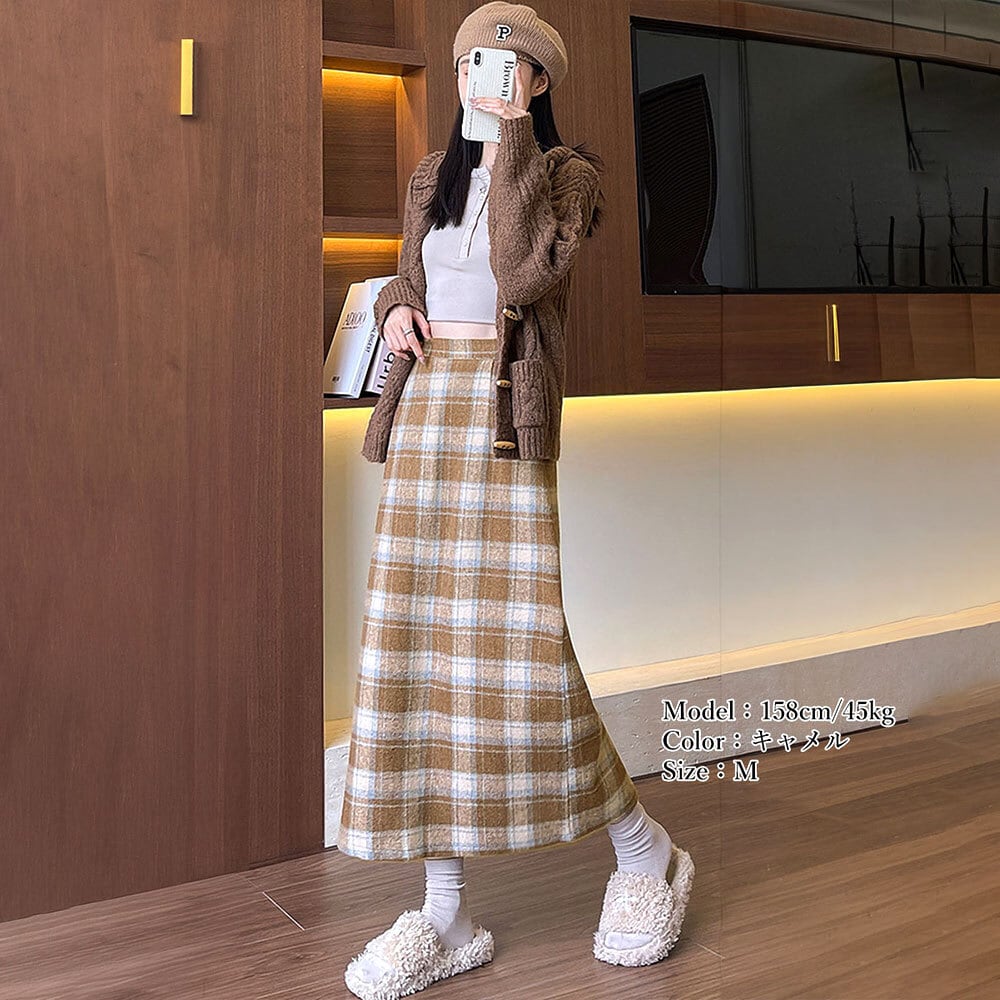チェック柄 タイトスカート レディース 秋冬 ロングスカート 韓国