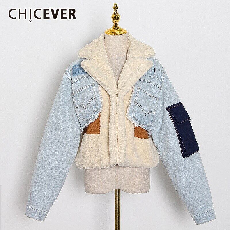 CHICEVERヒットカラーショートジャケットレディースラペル長袖パッチワークポケットプラスサイズ厚手のコート2021冬 ロング 大きめサイズ ウィンター 冬物 6base575361631718