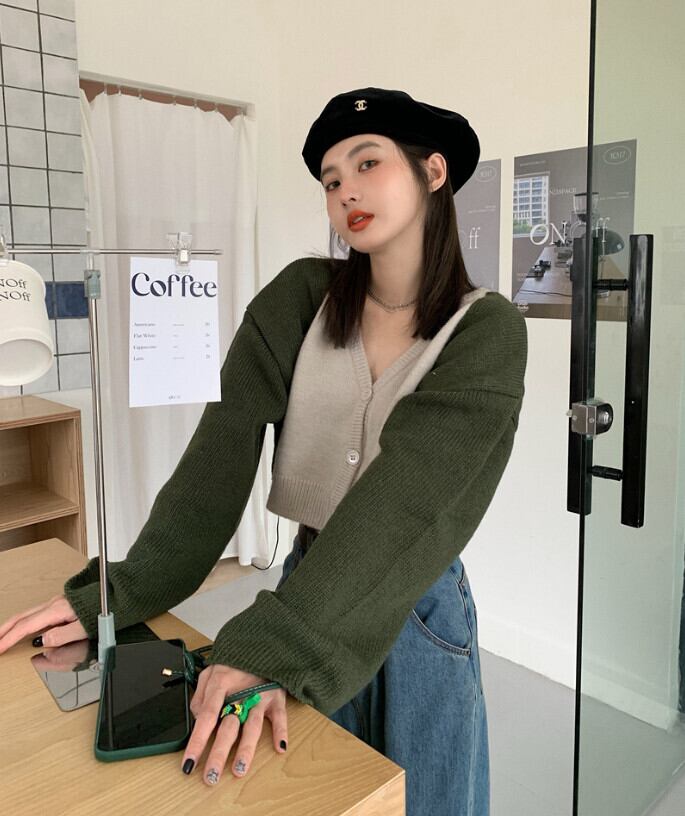 スタイルショートニットセーター オータムVネックカーディガンジャケット ロング 秋物 ステッチ モンロー80443983971