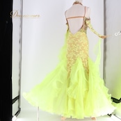 社交ダンス 衣装 スタンダードドレス ワンピース ドレス グリーン系 イエロー系 黄緑 黄色 蛍光 フロート レース フリル デモ 競技 ダンス パーティ 発表会 華やか 明るい色 衣装 発表会用