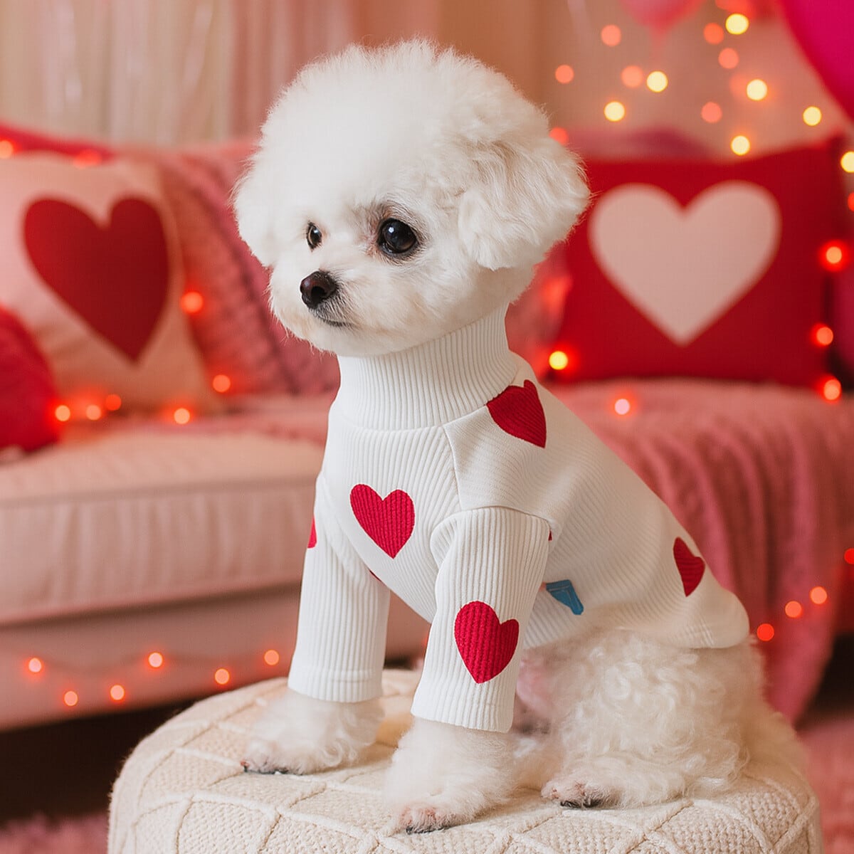 犬服 ハート柄タートルネック長袖ニット トップス ペット服 犬