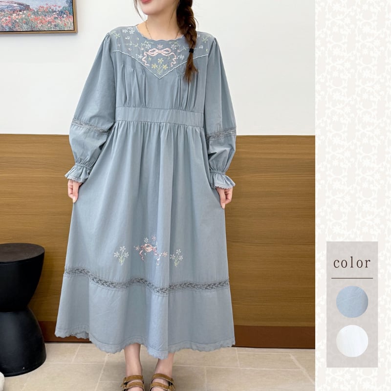 胸元V字ヨークリボン&小花刺繍レース切替ワンピース W2022