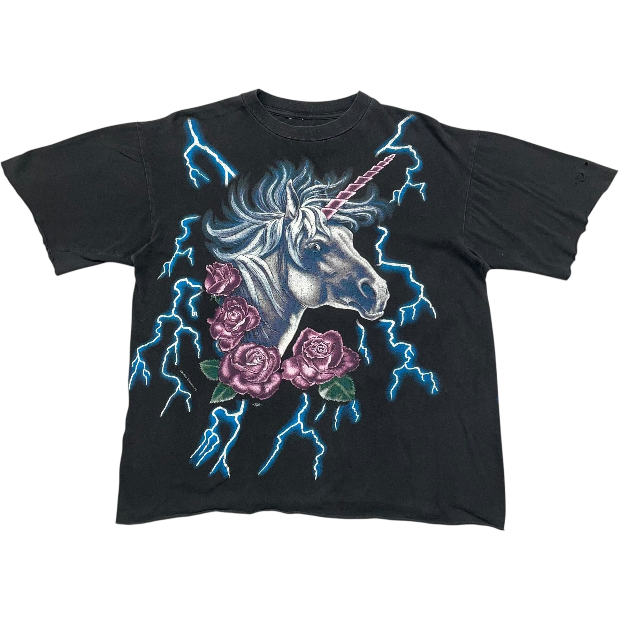 《L》AMERICAN THUNDER アメリカン サンダー Tシャツ ユニコーン 両面プリント 切りっぱなし ブラック no.7840