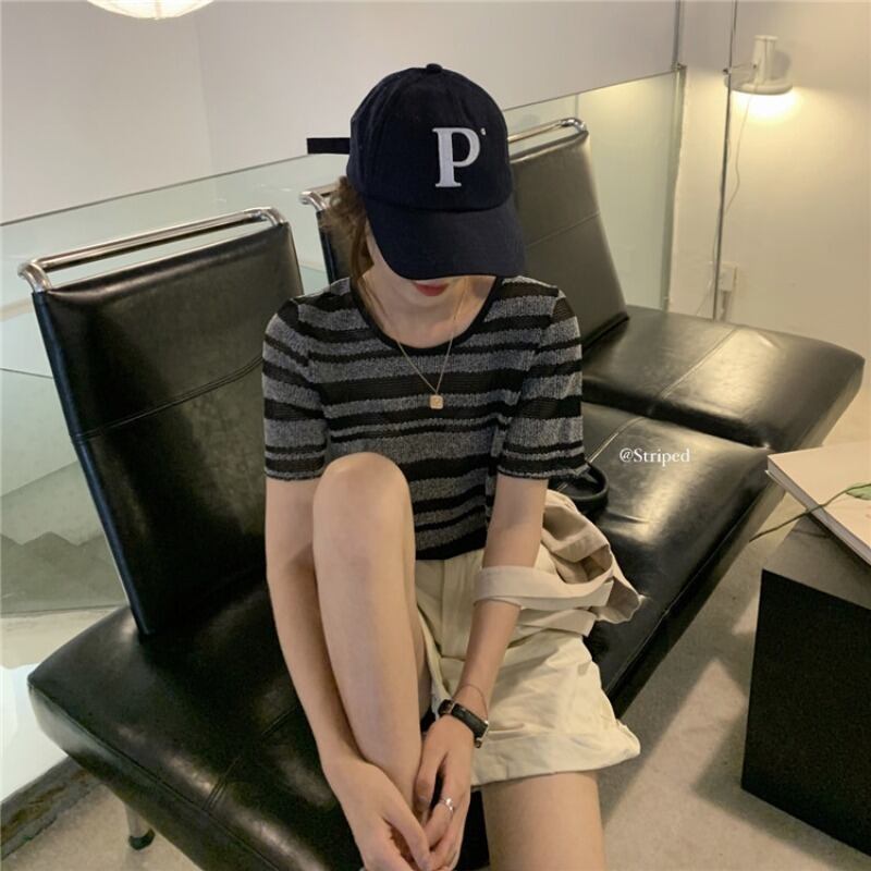 ブラックルーズストライプ半袖スリーブTシャツ ショート ハーフスリーブ ブラックストロベリース7275616063