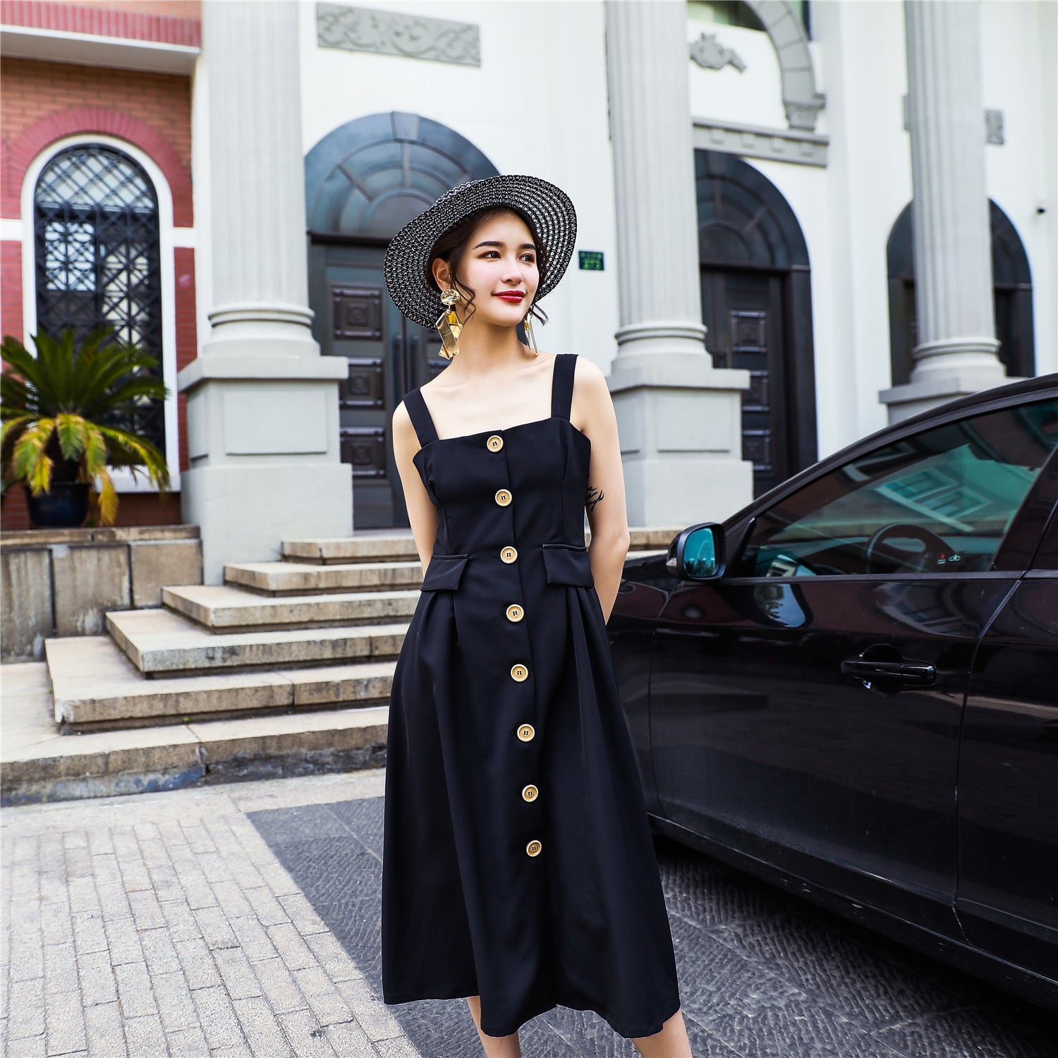 ノースリーブワンピース ロング フレア スクエアネック シンプル