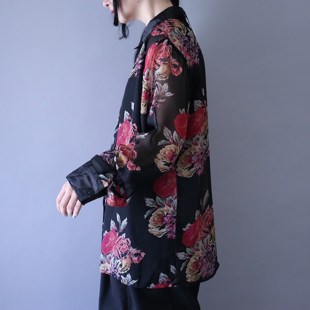 satin fabric switching design flower pattern see-through shirt
