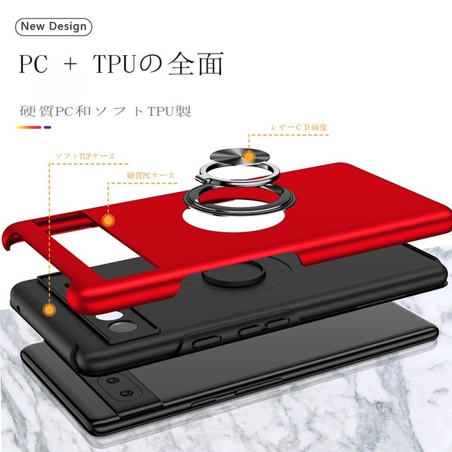 スマホケース Google Pixel 6A 用 ケース リング付き 耐衝撃 pixel6a ケース リング googlepixel6a 衝撃 携帯ケース カバー スタンド付き レッド