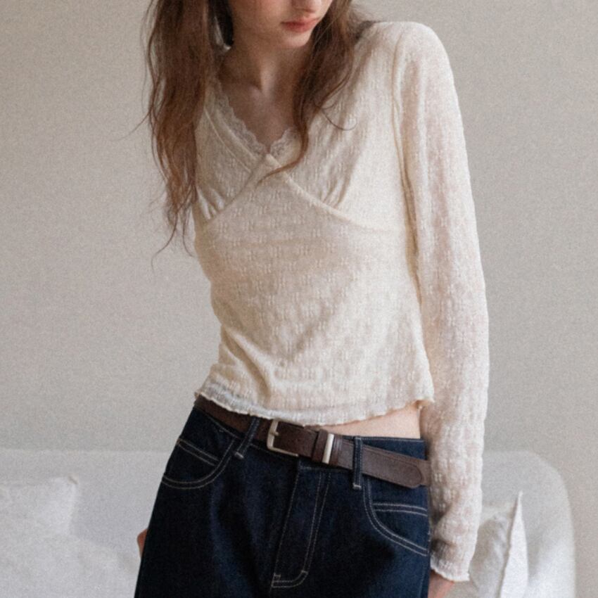 v-neck lace long sleeve cut and sew J00269