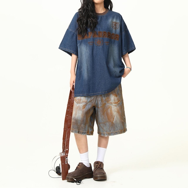 カレッジロゴウォッシュライクデニムTシャツ 1col R02229