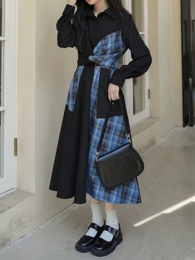 甘さとモードで魅せる配色ワンピ チェックパッチワークシャツワンピース お洒落 大人可愛い チェック柄 モード 着映え リボン こなれ感 くびれ 細見え 体型カバー 大きいサイズ 韓国 CH11533