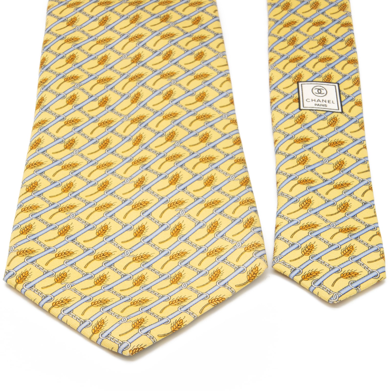 送料無料 シャネル ネクタイ 新品同様 シルク 黄色 イエロー 水色