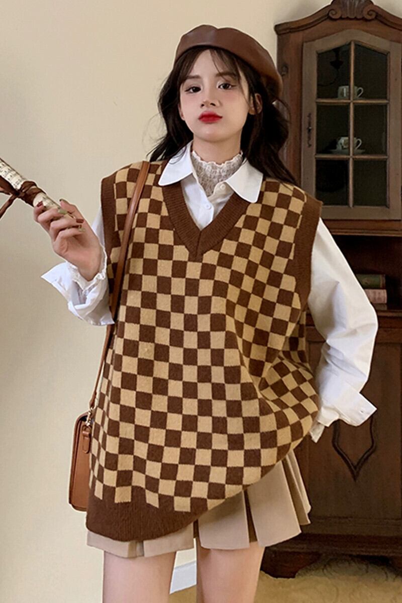 プラスサイズ脂肪チェック柄ニットベスト女性の春と秋の新しい