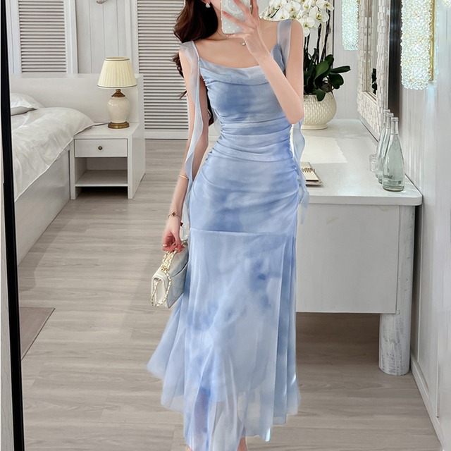 【CHERRYシリーズ】2colors ワンピース ドレープネック 美人度アップ ブルー ピンク S M L
