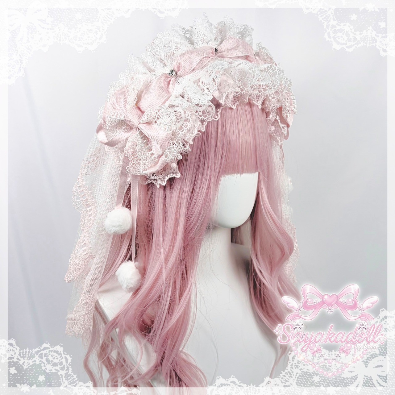 ♡【全5色】MAID 3way マシュマロリボンの夢色フリルレースヘッドドレス＋ヴェールセット light blue ♡