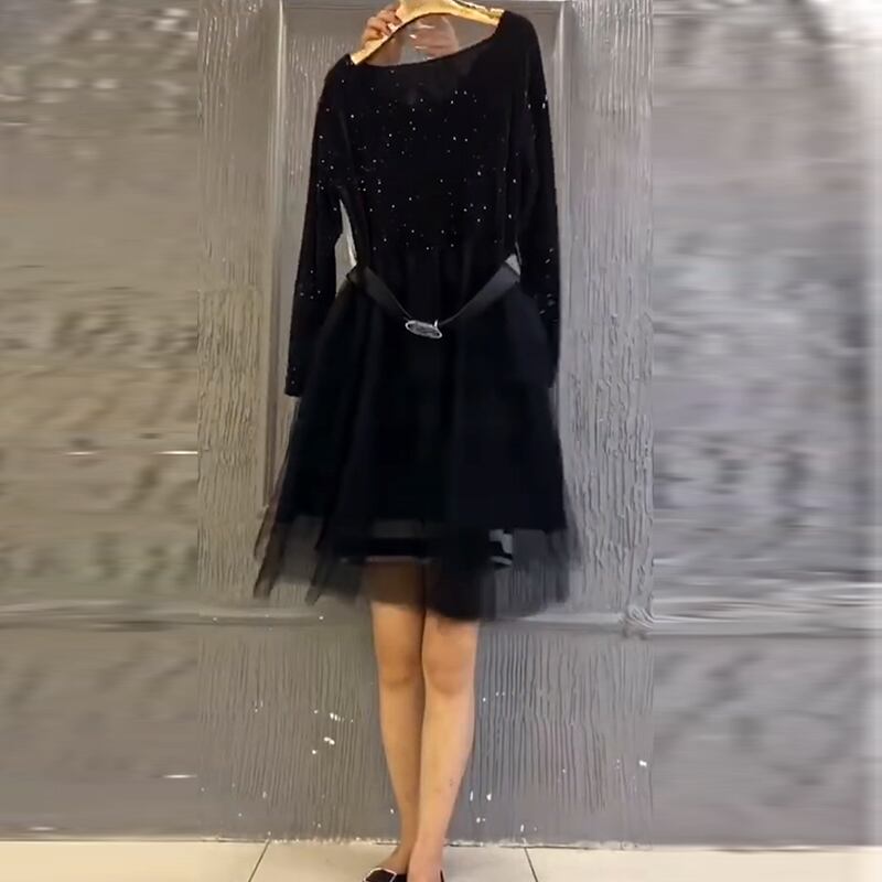 Mixin2020秋新しいプラスサイズの女性のマイクロファットmm明るいシルクのドレスは薄くて肉付きの良い気質メッシュスカートの潮です ミックスインファッション71854596948