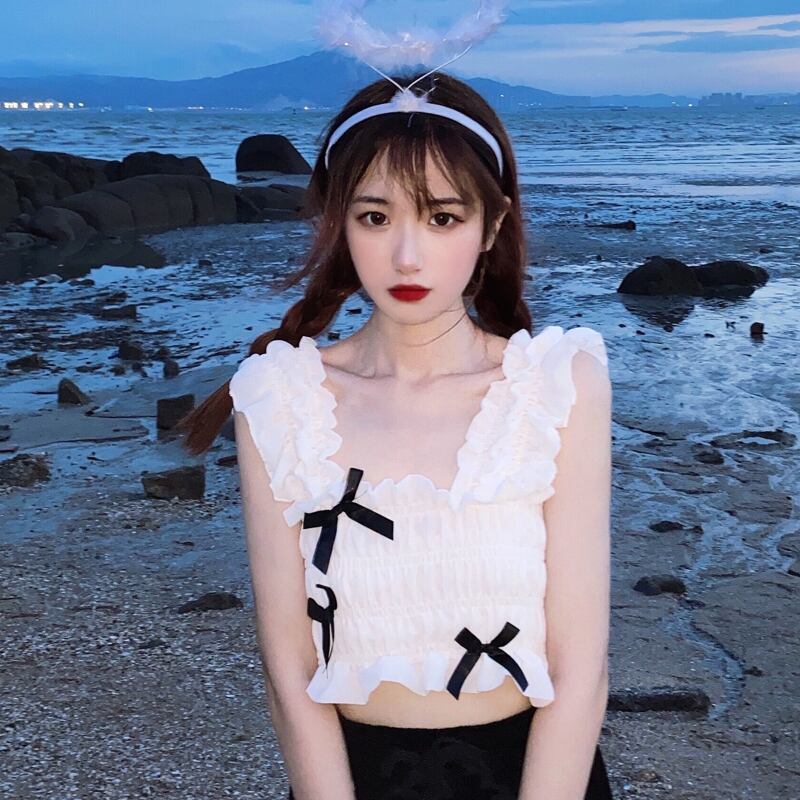 ホワイトサマーレッドスタイルリボンショートトップス 大人ガーリー スウィート キュート カジュアル 夏物 スーパーモール51158831849