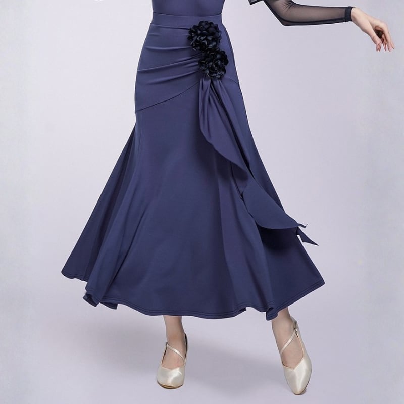 フラワーコサージュ シャーリング ドレープ フレアスカート 3col D00492