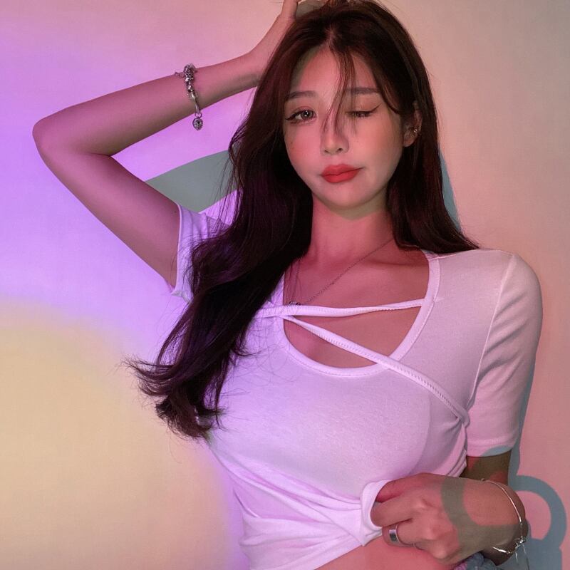 サマークロス薄手ショートTシャツ トップス ソリッド カラー 大人ガーリー スウィート キュート カジュアル 夏物 ソリッドカラー ドラファッションホール38479307252