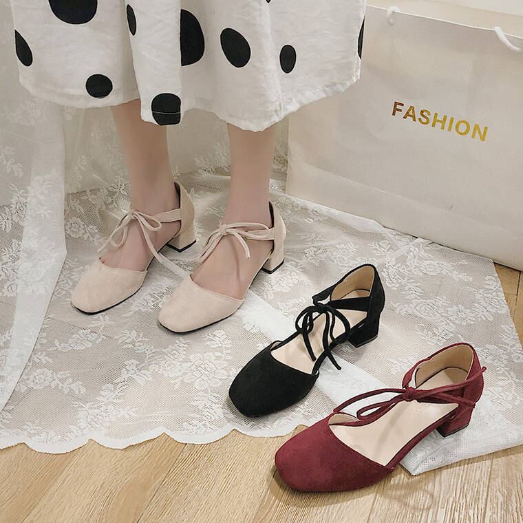 送料無料 チャンキーヒール セパレートパンプス パンプス アンクルリボン 5cmヒール チャンキーヒール Lamitte Deco トレンド 韓国ファッション ショップ Base店