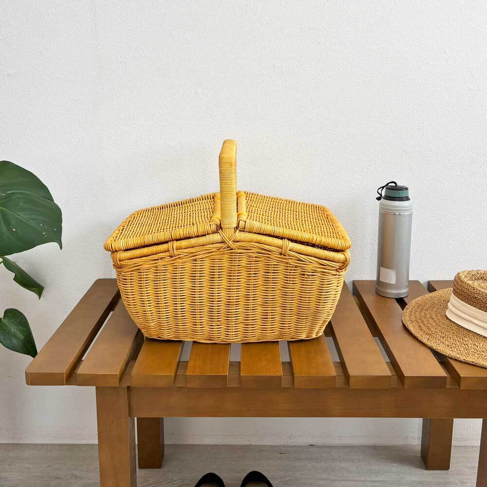 古道具　ピクニックバスケット　行李 アンティーク 手付き バスケット ピクニックバスケット レザー