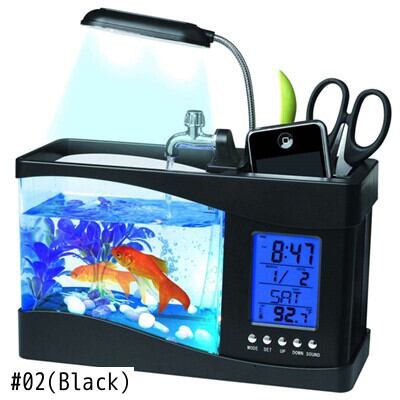 送料無料 USBデスクトップミニ水槽水族館GlLCDタイマー時計LEDランプ