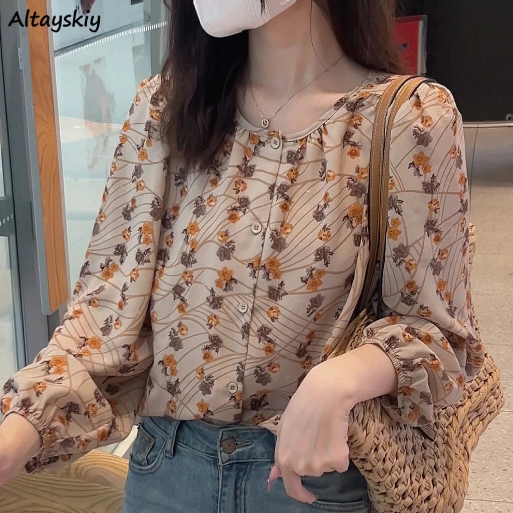 【新作】【送料無料】 女性ルーズシャツ夏文学花エレガントなオフィスレディヴィンテージランタンスリーブフレンチスタイル休暇レジャー薄い新しいトップス 0323077816375