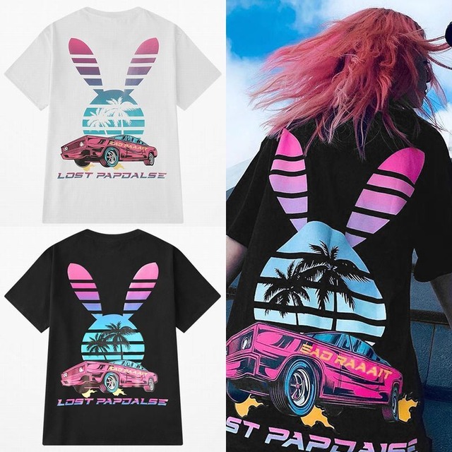 ユニセックス 半袖 Tシャツ メンズ レディース うさぎモチーフ 英字 ヤシの木 車 プリント オーバーサイズ 大きいサイズ ルーズ ストリート TBN-601743728424