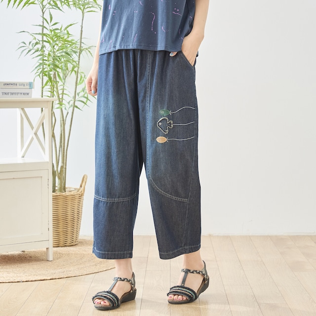 TRUBEスモールフィッシュアップリケ切替デザインバレルテーパードデニムパンツ【M~L】ネイビー