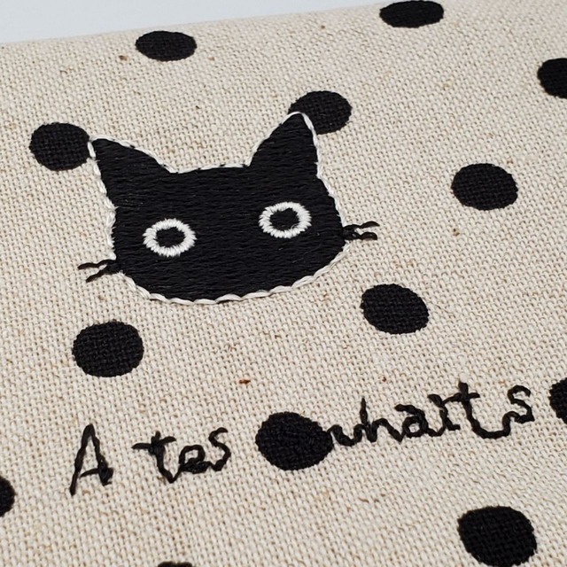 洗えるオシャレでかわいい黒猫マスク(5線譜)・かわいい布のマスクケース(DON*HIRANO)水玉ねこ