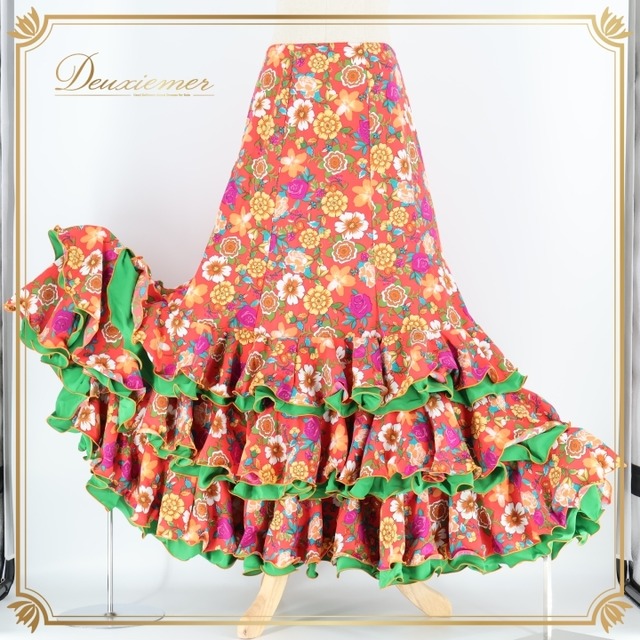 フラメンコ 衣装 エルモサイベリア HERMOSA IBERIA ファルダ スカート オレンジ 赤 レッド 緑 紫 朱色 ボランテ フリル 花柄 グリーン系 レッド系 オレンジ系 可愛い スカート ダンス 衣装 フラメンコスカート フラメンコ服 おしゃれ カラフル 花模様