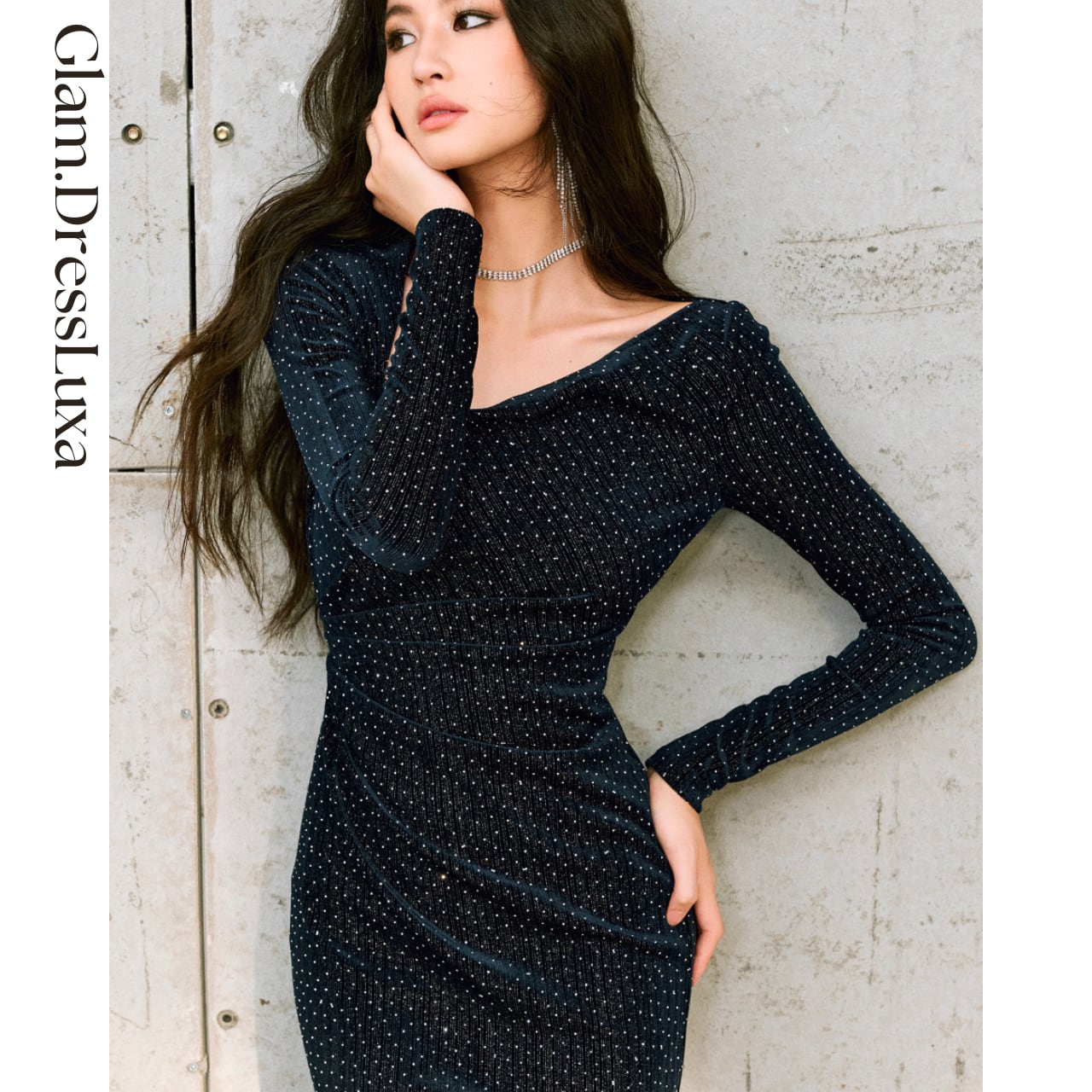 スパンコールAsymmetry Glitter Dress/2color_W977