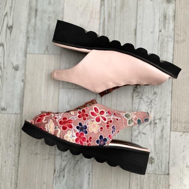 和ごころ厚底サンダル【本革パールピンク✖️絹着物ちりめん】