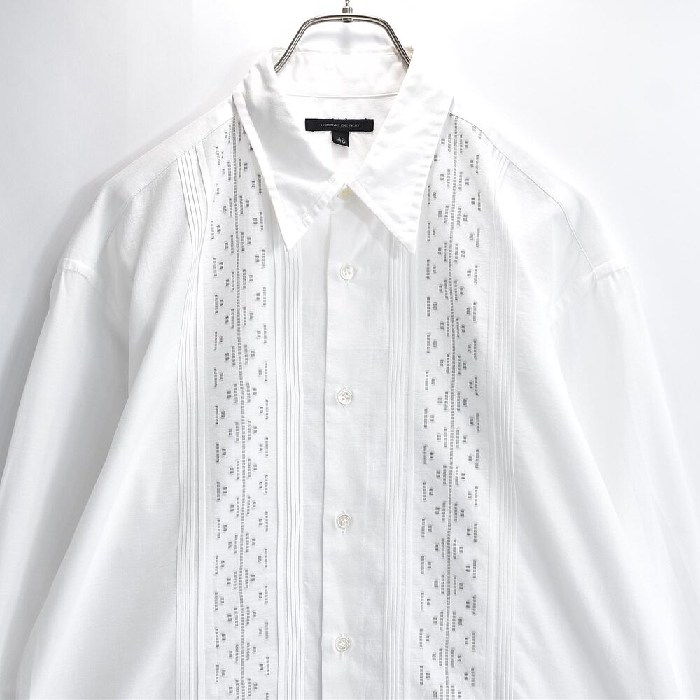 日本製 HOMME DE NUIT TOKIO KUMAGAI オムドゥニュイ トキオクマガイ 長袖シャツ ドレスシャツ プリーツ 幾何学 ストライプ アーカイブ ホワイト USED ヴィンテージ 古着 メンズ L相当