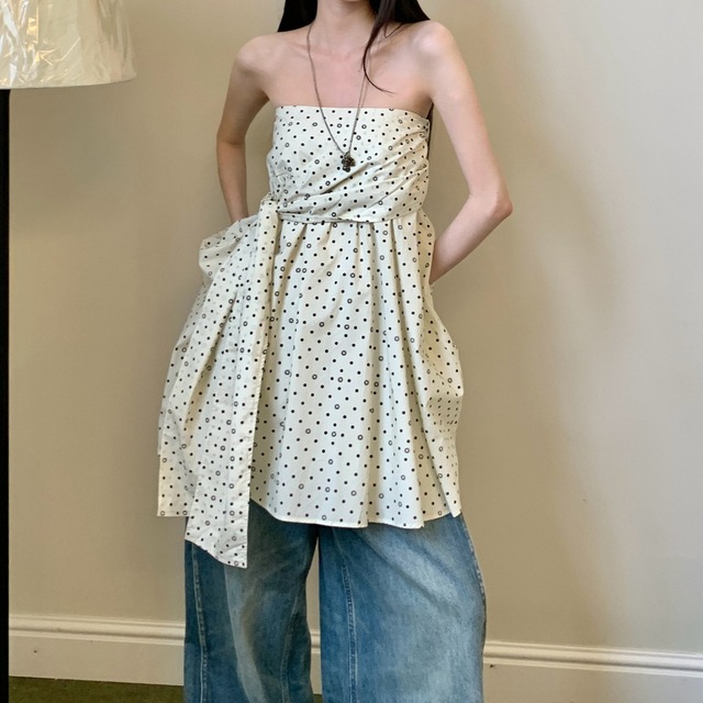 Polka dot tube top flare TOPS　v01657
