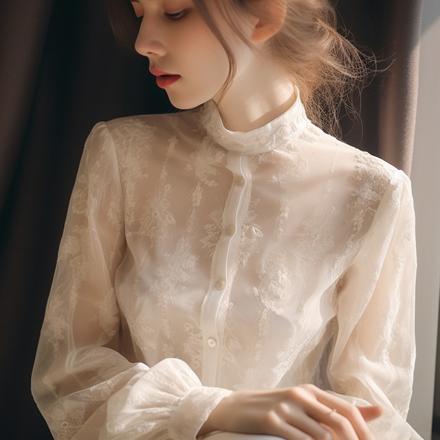 lace embroidered high neck long shirt【2024022101】