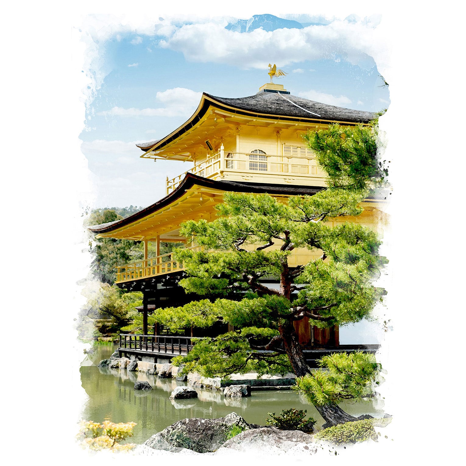 絵画 日本 京都 金閣寺の風景 インテリアアート額付き 水彩画・油絵風 