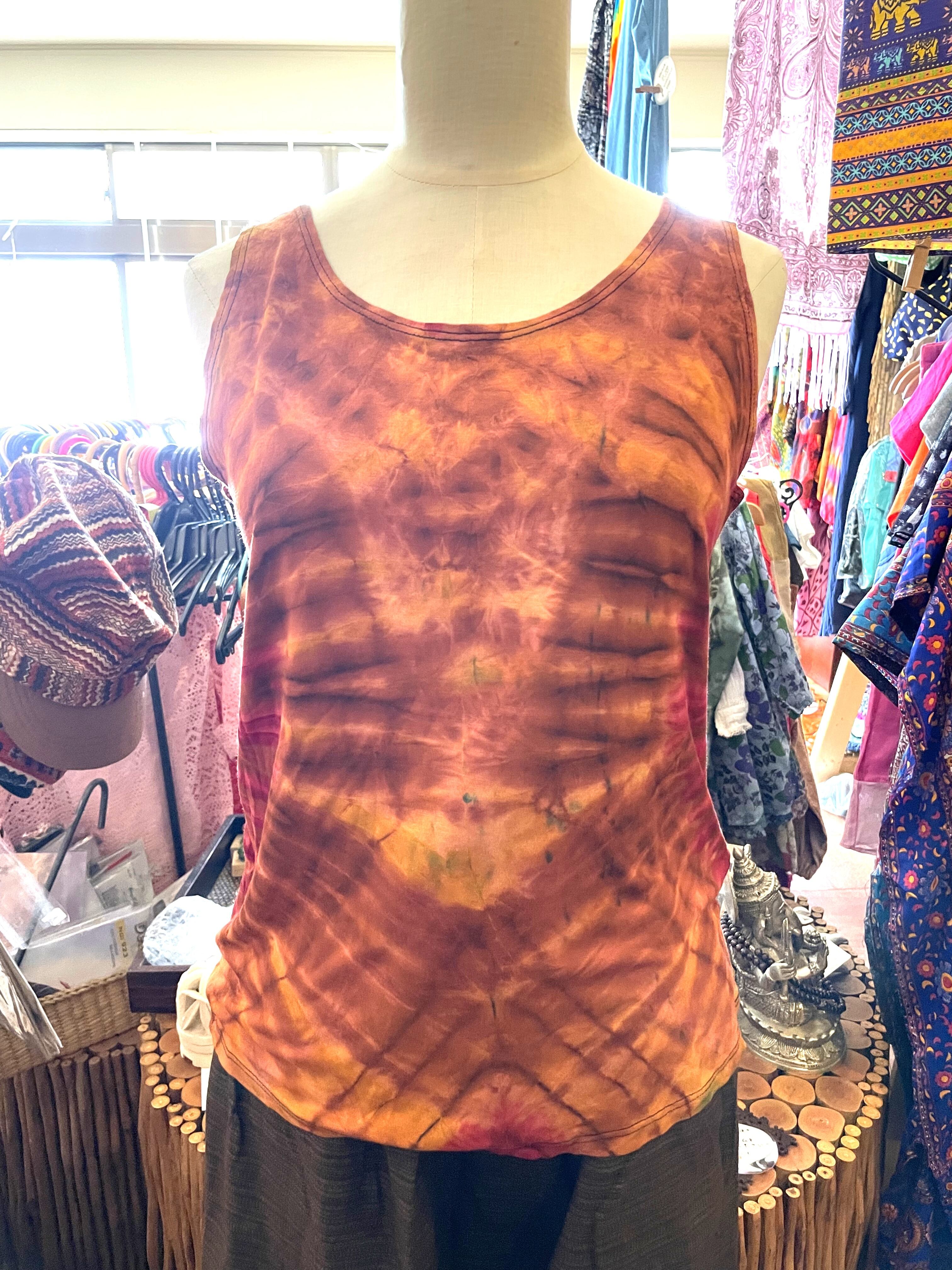 タンクトップ タイダイ染め アジアンタンクトップ ストレッチ スポーツウェア ダンスウェア ヨガウェア フィットネスウェア オールシーズン キャミ トップス ヨガ ZUMBA エスニック アジアンファッション アジアン ブラウン系 * アジアン雑貨No.303