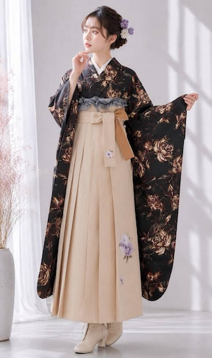 【簡単着付け】卒業袴セット　深紅牡丹×ベージュ袴