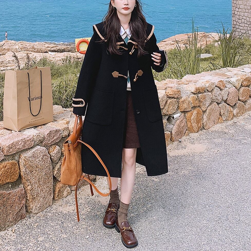 ビッグカラーダッフルコート 襟付きロングダッフルコート レディース