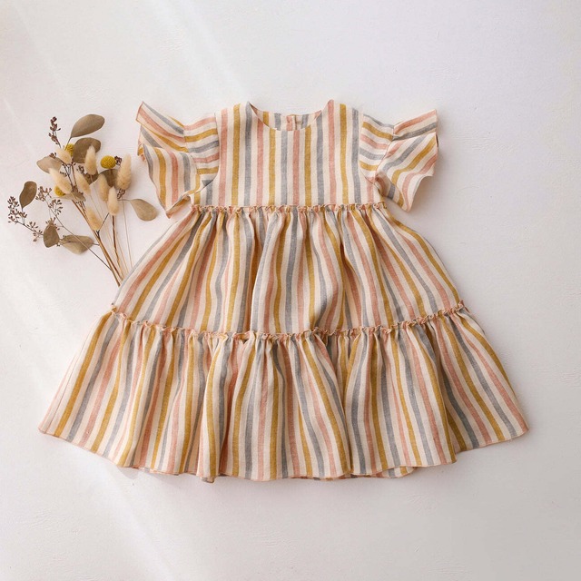 【即納】Rainbow Linen Flounce Sleeve Tiered Dress 2-3y