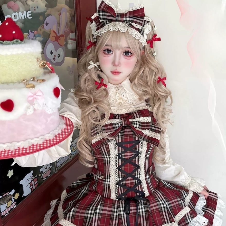 【地雷系量産型 / 甘ロリ】クラシカルチェック柄リボンJSK – レース×編み上げの細見えシルエット / 秋冬ガーリー / 推し活・デート
