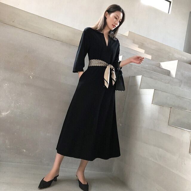 ワンピース 7分袖ワンピース 七分袖 ロングワンピース 黒ワンピース フレアワンピース Vネック ワンピース 黒ワンピース 大人っぽいワンピース 上品 ワンピース 秋 冬 P6315 Kirari きらり